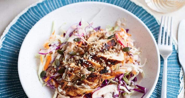 Paprika chicken and autumn slaw with lemon tahini dressing